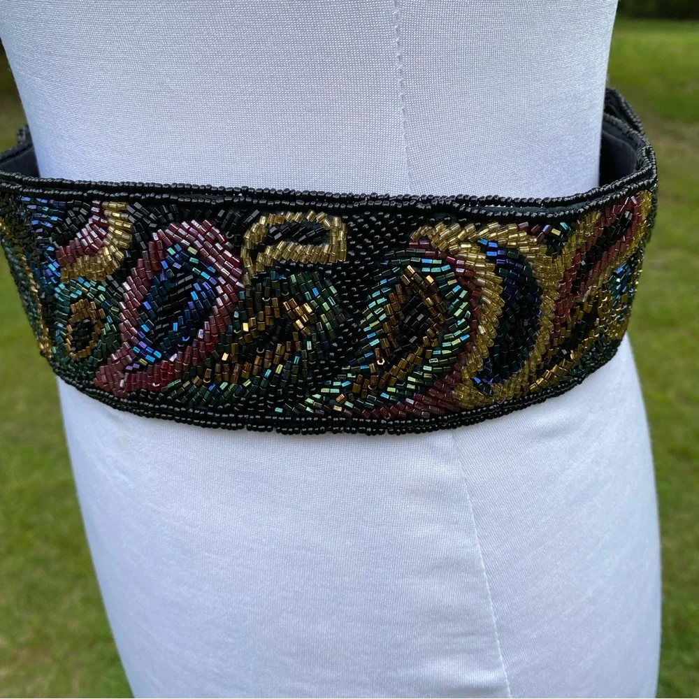 LA REGALE LTD BELT WIDE BLACK SATIN BEADED MULTI COLOR PEACOCK COLOR SIZE M